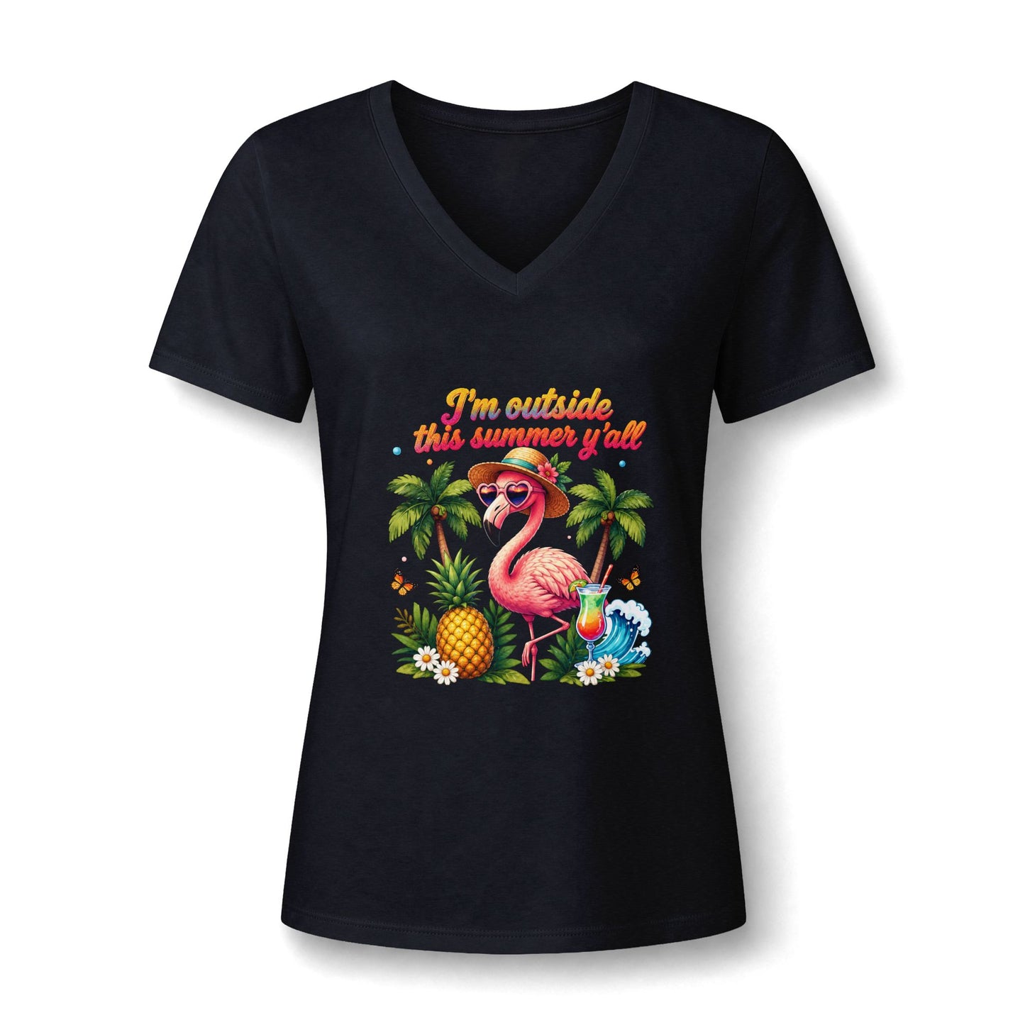 Women’s V-Neck Tee – 'I’m Outside This Summer y’all' Flamingo Tropical Beach Shirt