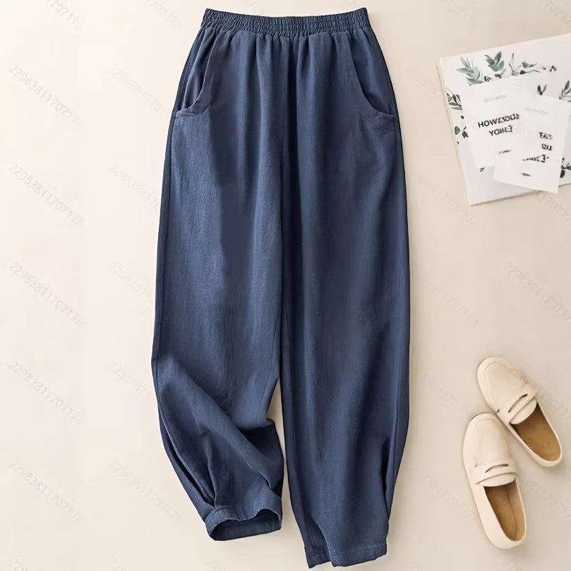 Marineblaue Ankle-Cinched Bloomer Hose aus Baumwoll-Leinen für Damen