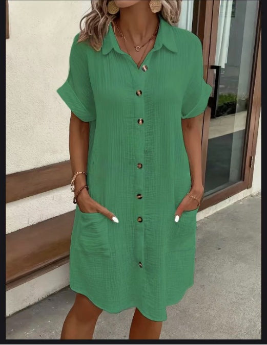 Casual Solid-Color Mid-Length Short-Sleeve Dress