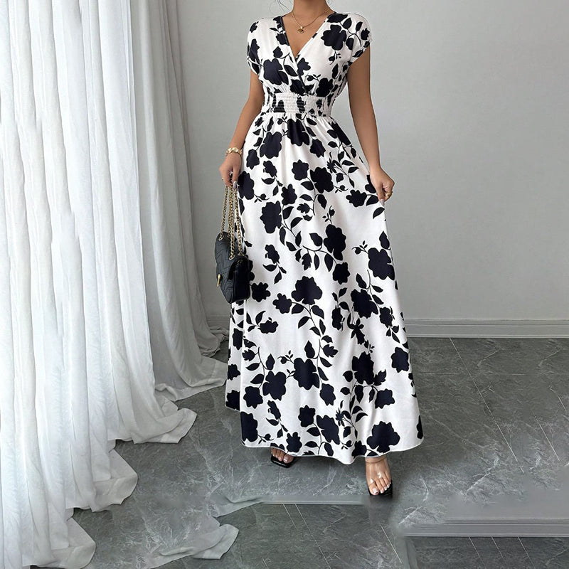 Damen Wickelkleid V-Ausschnitt Kurzarm Empire-Taille Elastische Taille Sommer Lässige Elegante Maxi Lange Kleider
