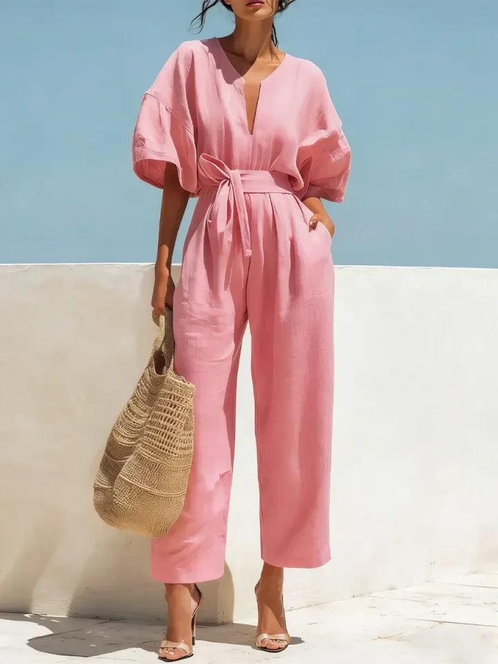 Combinaison femme col V en coton et lin de couleur unie et à la mode