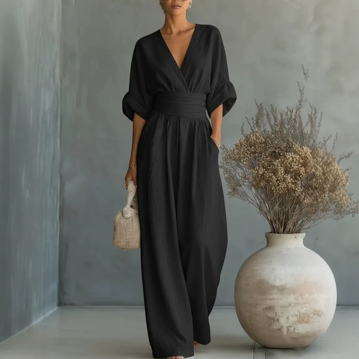 Sommer Kurzarm Jumpsuit Mode Lässig V-Ausschnitt Weite Hose Damenbekleidung