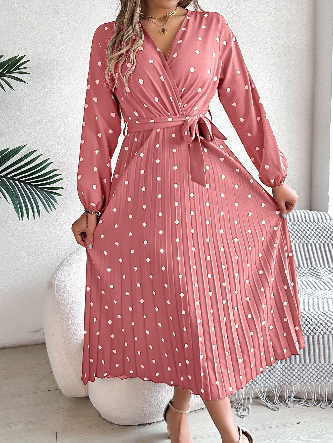 Robe longue élégante printemps-été, col en V croisé, pois contrastants, manches longues, plissée, robes de demoiselle d'honneur