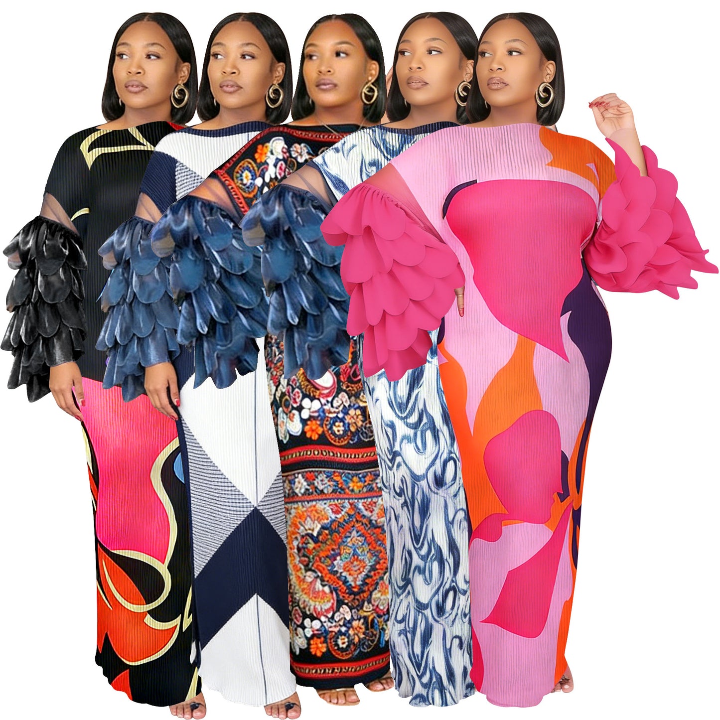 Feather-Panelled Miyake Pleats Fashionable Printed Dress