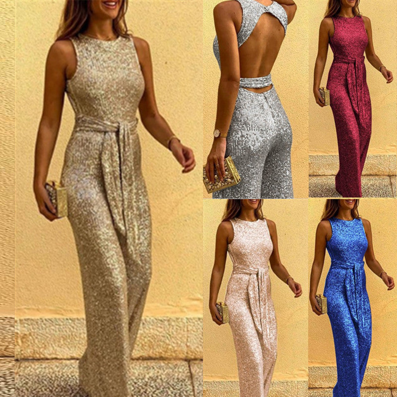 Womens Silver-spotted Sleeveless Personality Jumpsuit With A Round Neckline