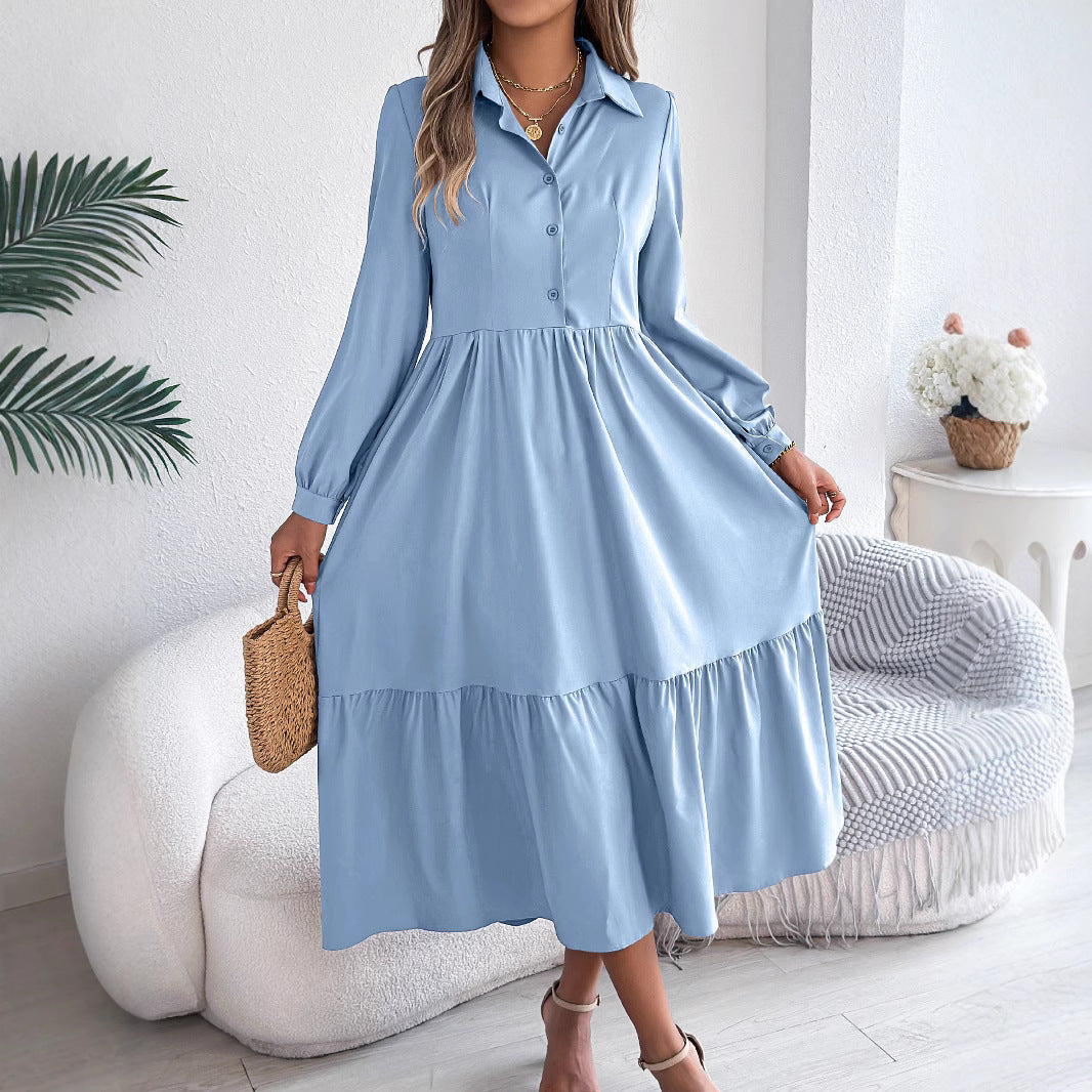 Damen Revers Casual Loose Langarm Rüschen Hemdblusenkleid Langarm Umlegekragen Einreiher Kleid Frühling Herbst Mode Damenbekleidung für den Urlaub