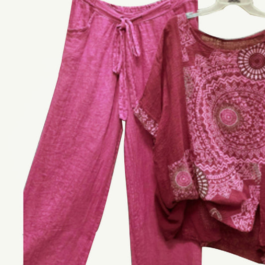 Ensemble deux pièces femme : haut imprimé col rond manches courtes et pantalon droit