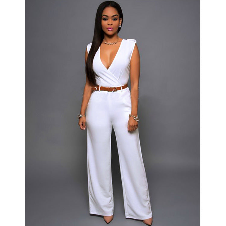 Ensemble tailleur irrégulier avec pantalon large taille haute, col en V et ceinture