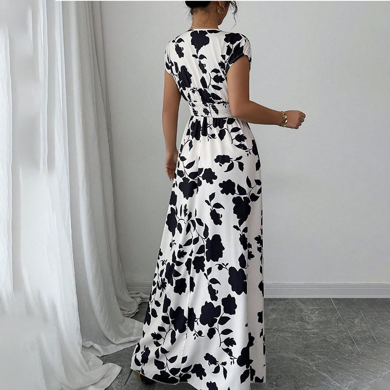 Damen Wickelkleid V-Ausschnitt Kurzarm Empire-Taille Elastische Taille Sommer Lässige Elegante Maxi Lange Kleider