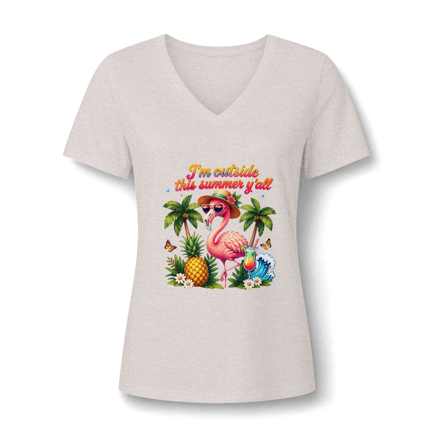 Women’s V-Neck Tee – 'I’m Outside This Summer y’all' Flamingo Tropical Beach Shirt