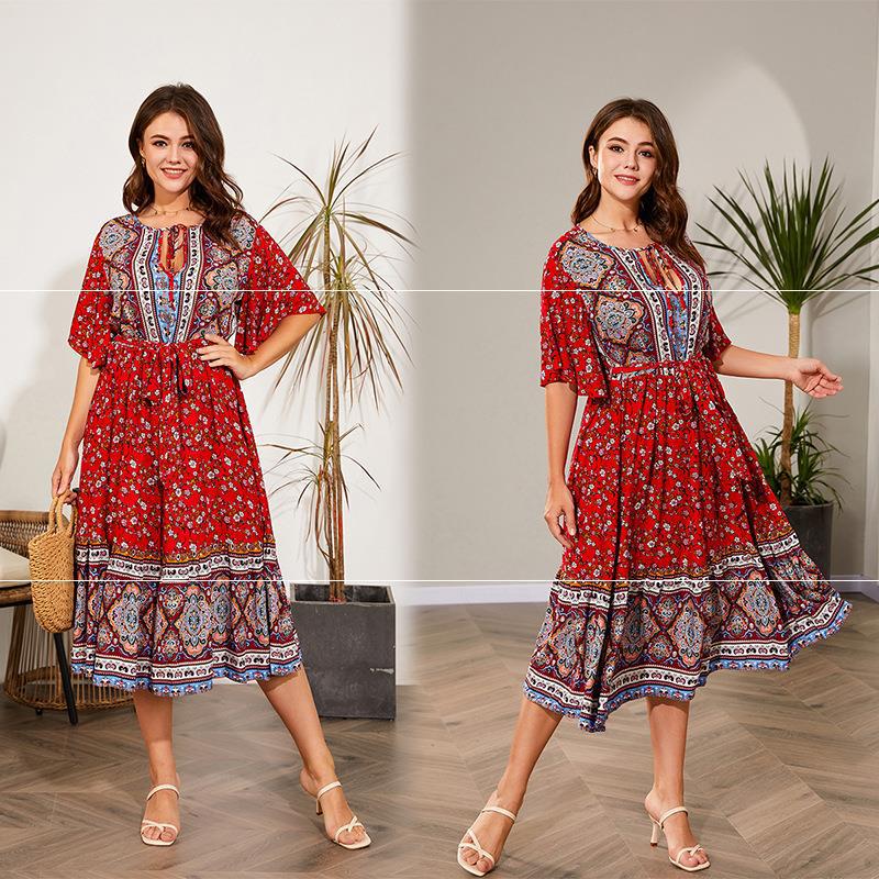 Damen Sommer V-Ausschnitt Strandkleid mit Print für große Größen