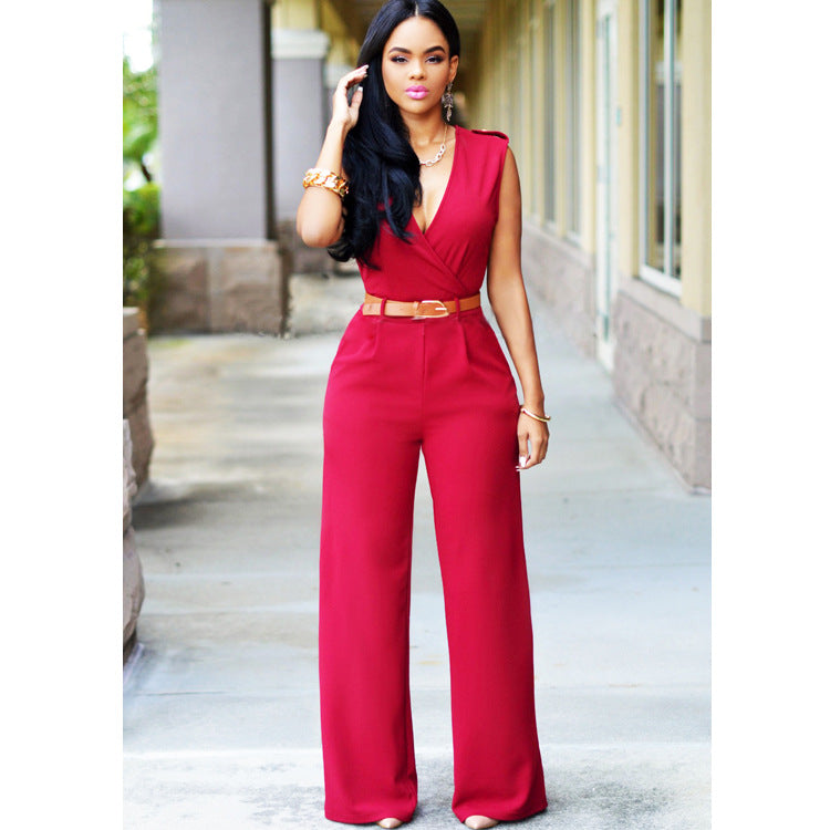 Ensemble tailleur irrégulier avec pantalon large taille haute, col en V et ceinture