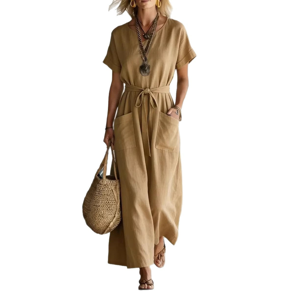 Short-Sleeve V-Neck Cotton-Linen Casual A-Line Dress