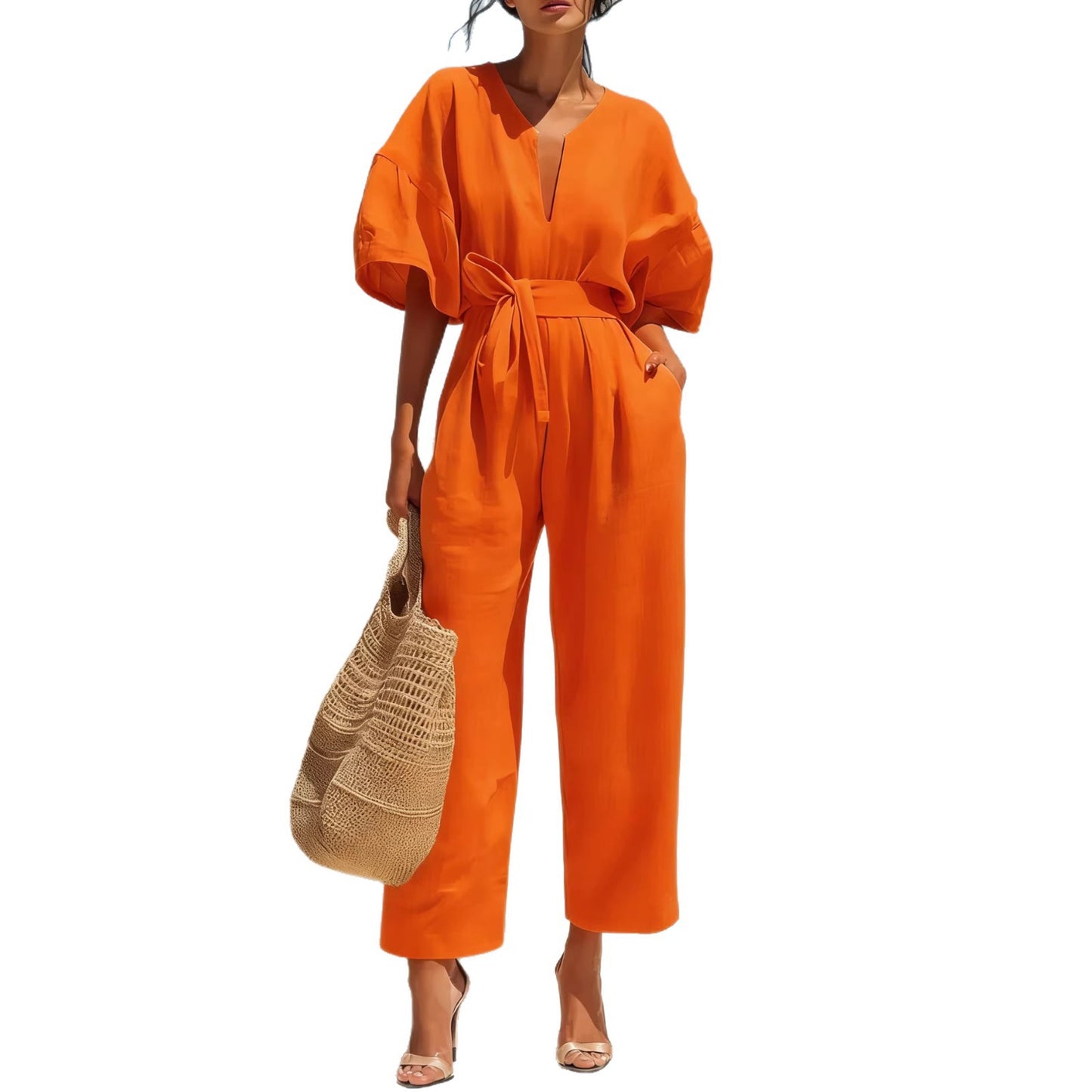 Combinaison femme col V en coton et lin de couleur unie et à la mode