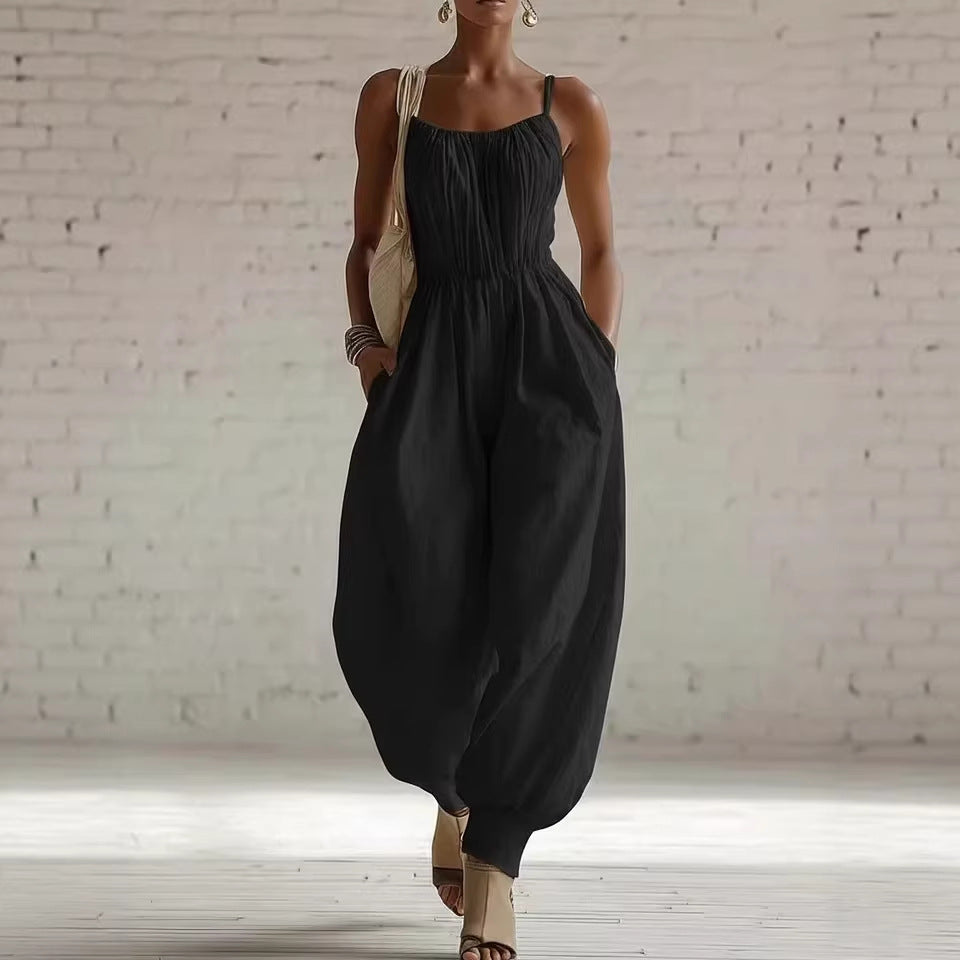 Womens Sleeveless Cotton-Linen Blend Jumpsuit