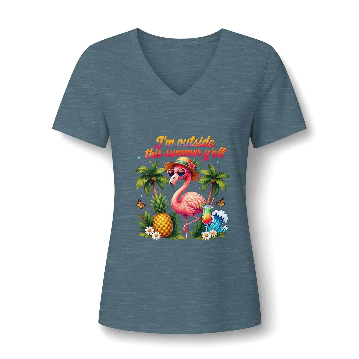 Women’s V-Neck Tee – 'I’m Outside This Summer y’all' Flamingo Tropical Beach Shirt