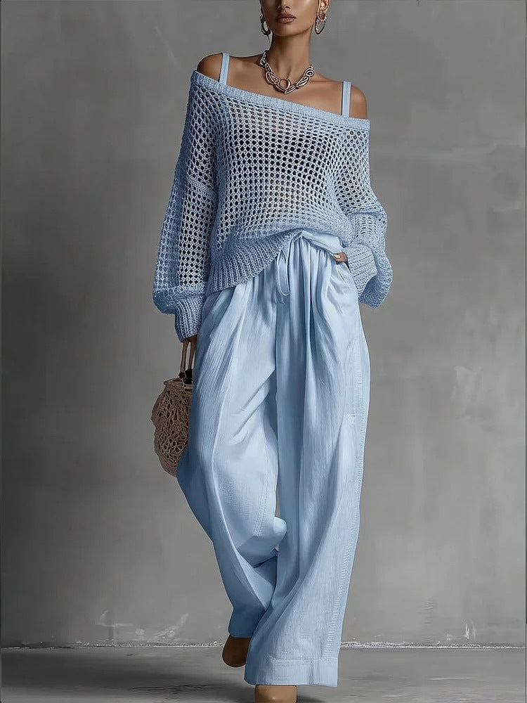 Womens Comfortable Hollow-Out Knitted Top And Linen Pants Two-Piece Set
