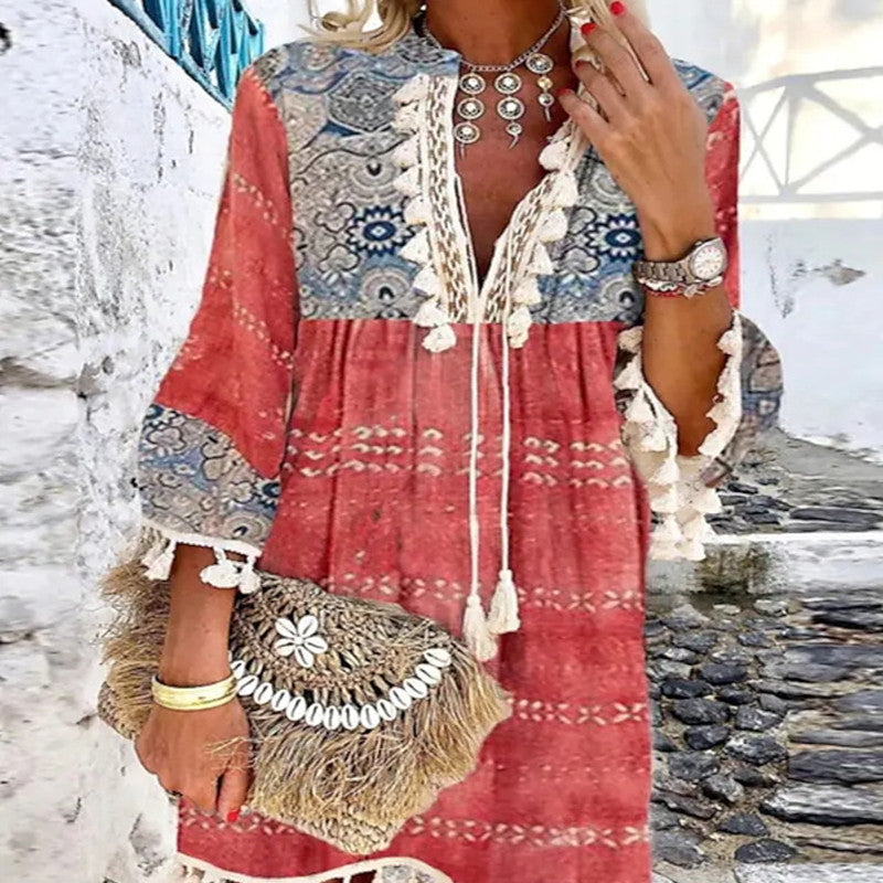 Women's Printed Ethnic Dress Red