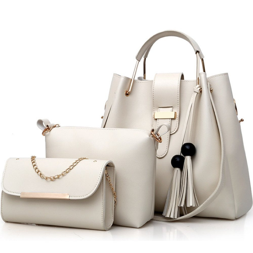 Ensemble de sacs à main pour femme 3 pièces avec pompon, sac fourre-tout, pochette, sac à bandoulière, sac à poignée supérieure