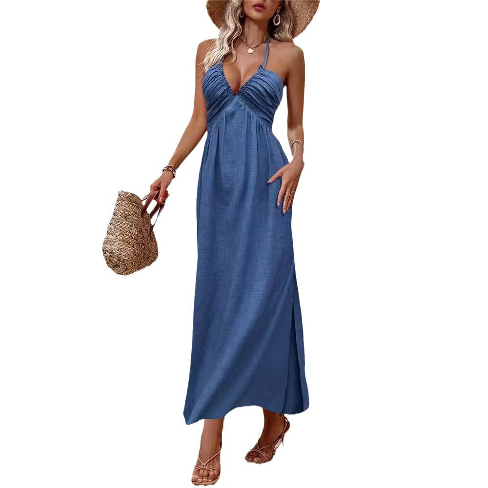 Robe fendue à col en V et à fines bretelles pour femmes