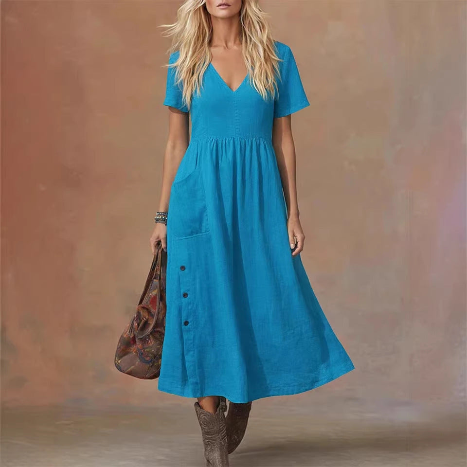 Robe ample tendance pour femme, col en V, manches courtes, avec poches
