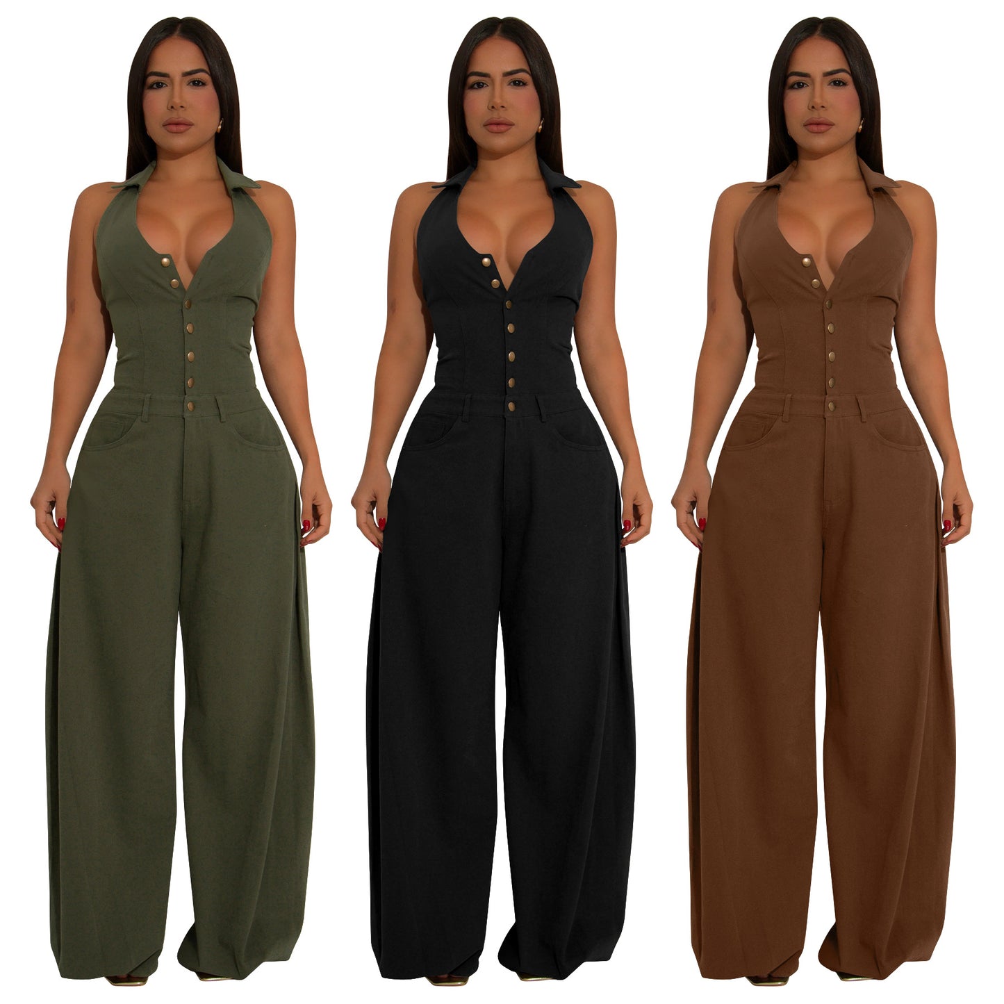 Fashionable Pocketed Sleeveless Backless Casual Jumpsuit