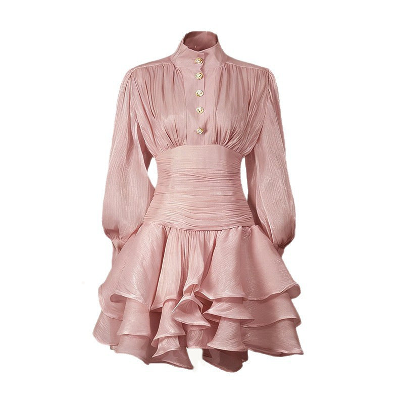 Mesh Puff-sleeve, Waist-cinched Dress With Ruffled Hem And Designer Details