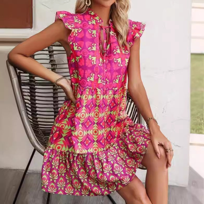 Bedrucktes ärmelloses Kleid Sommer Mode V-Ausschnitt zum Schnüren gerade Kleider für Damenbekleidung