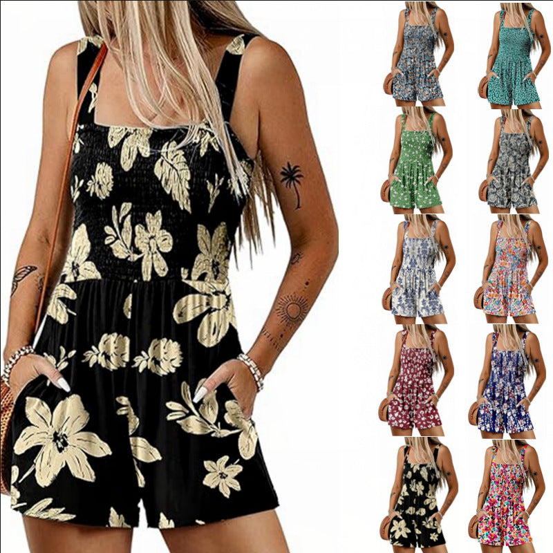 Blumendruck-Shorts-Jumpsuit Ärmelloser Strand-Body für den Sommer