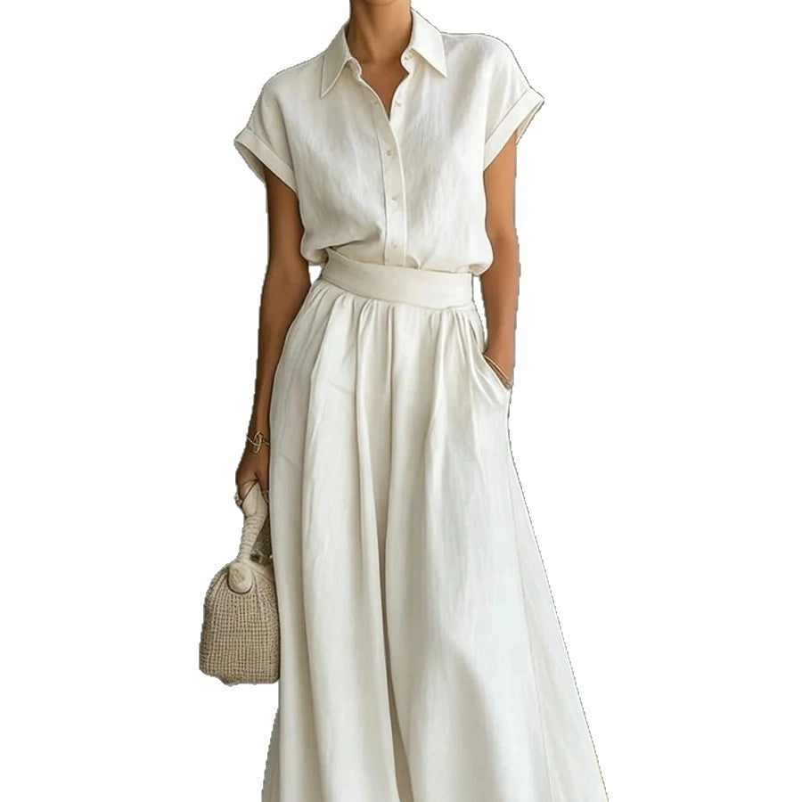 Fashionable Casual Solid-Colored Shirt And Wide-Leg Pants Two-Piece Set