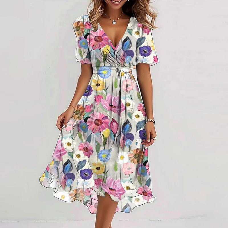 Robe d'été évasée à fleurs imprimées et col en V, à manches courtes pour femme