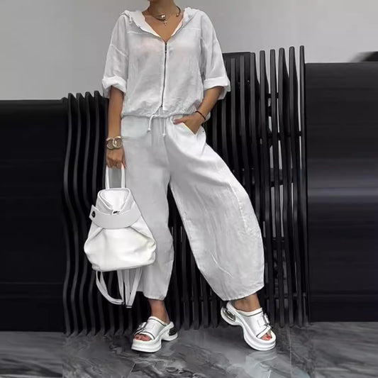 Cotton And Linen Womens Casual Fashion Long-Sleeve Top And Pants Two-Piece Set