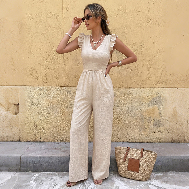 Jumpsuit mit V-Ausschnitt, Schmetterlingsärmeln und Rückenschleife