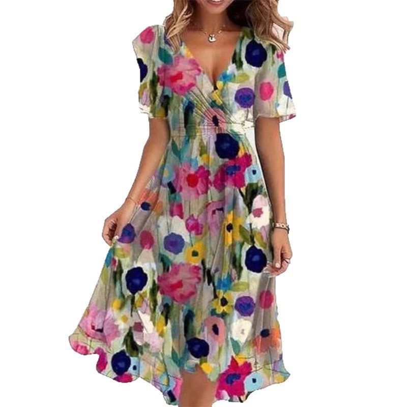 Robe d'été évasée à fleurs imprimées et col en V, à manches courtes pour femme