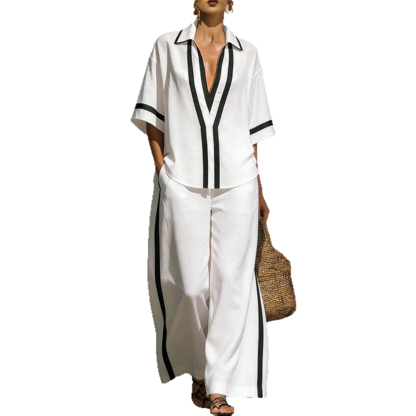 Color-Block Kurzarm-Top und weite Hose Zweiteiler Set - Lässiges Sommer Loose Fit Matching Outfit für Damen Alltag