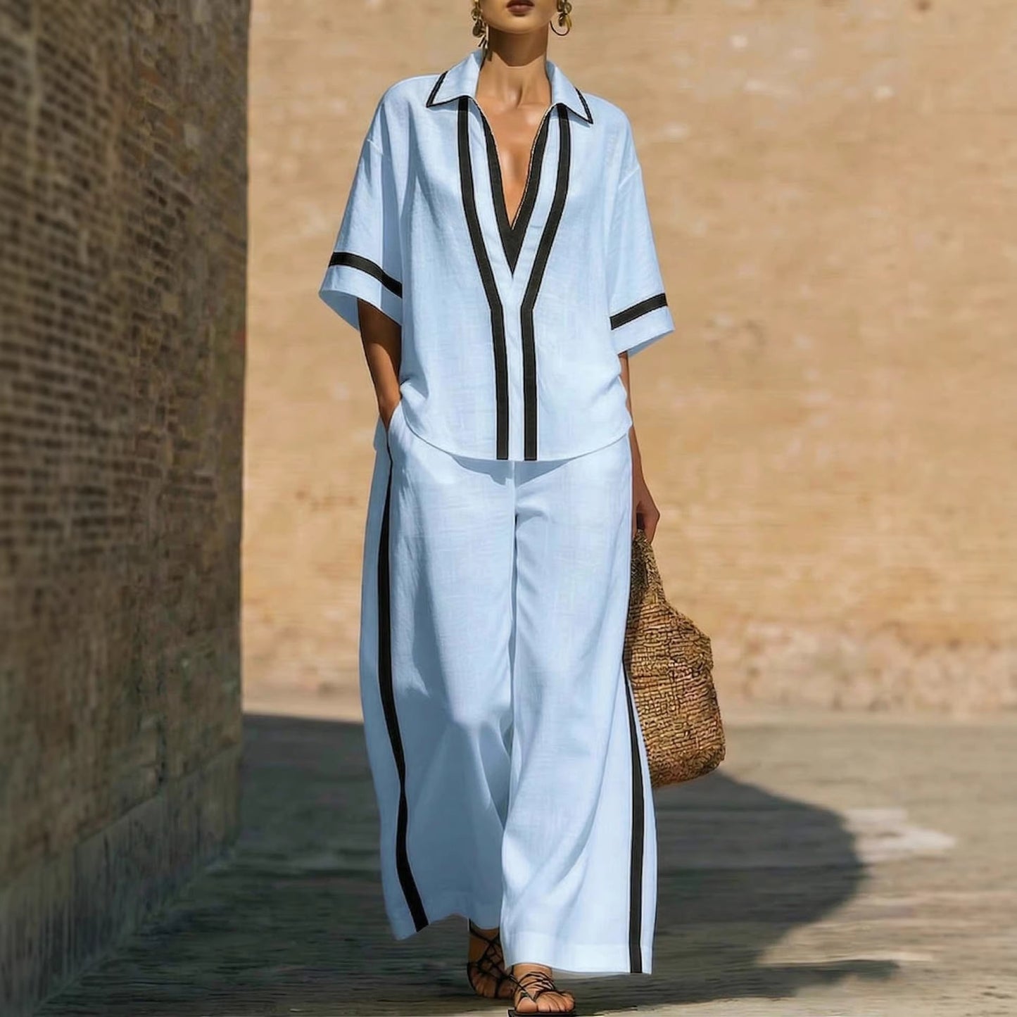 Color-Block Kurzarm-Top und weite Hose Zweiteiler Set - Lässiges Sommer Loose Fit Matching Outfit für Damen Alltag