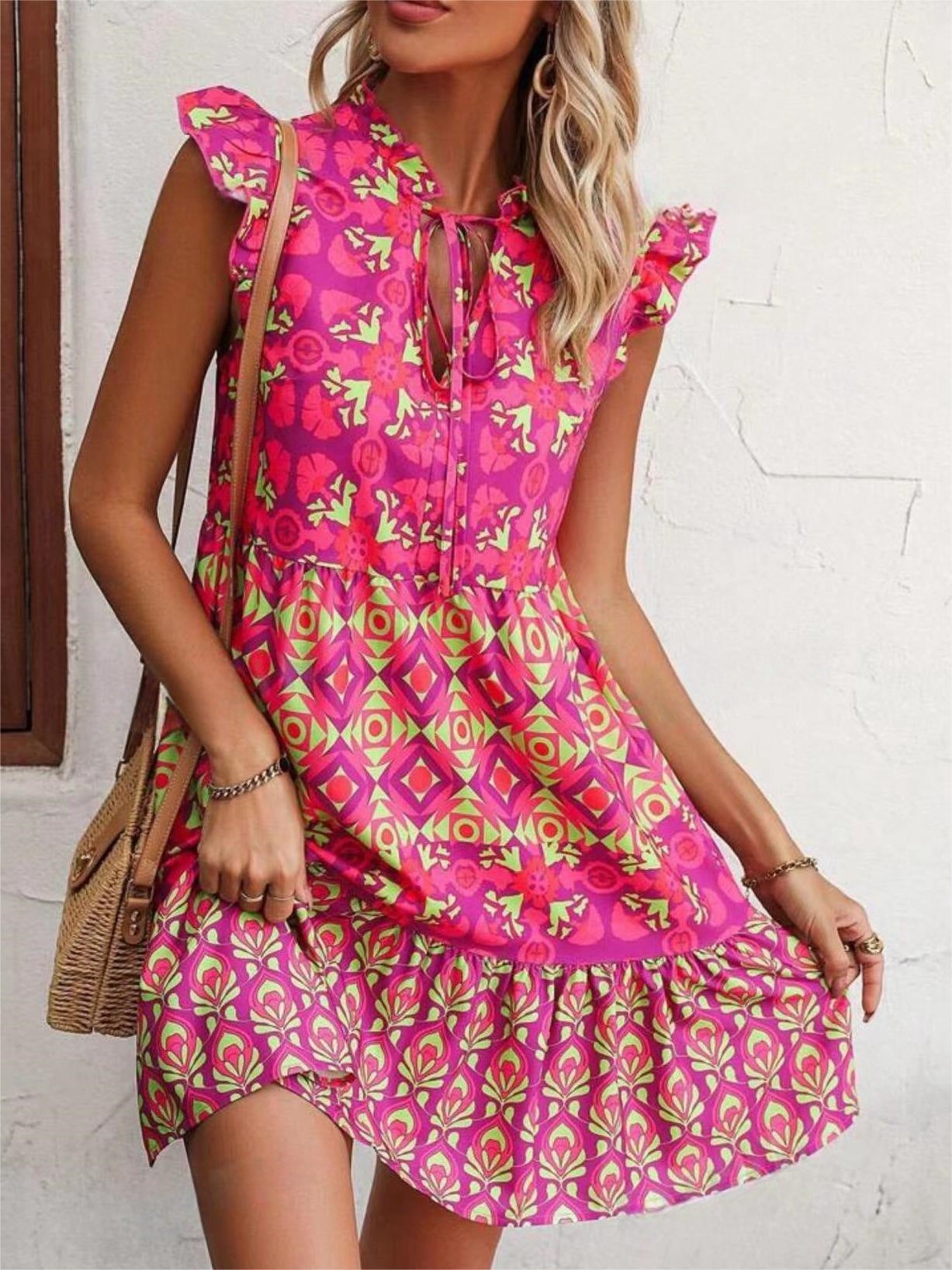 Bedrucktes ärmelloses Kleid Sommer Mode V-Ausschnitt zum Schnüren gerade Kleider für Damenbekleidung