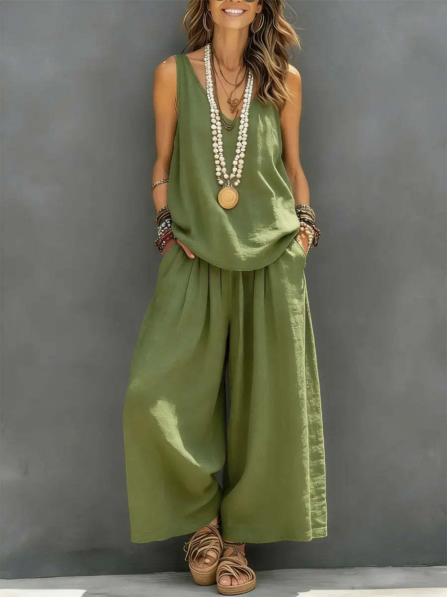 Womens Solid-Colored Casual Sleeveless Tank Top And Wide-Leg Pants Cotton-Linen Set For Daily Wear Holiday Outfit