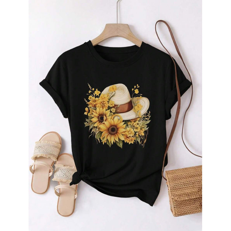 T-shirt ample à col rond en pur coton avec motif chapeau de paille tournesol pour femme