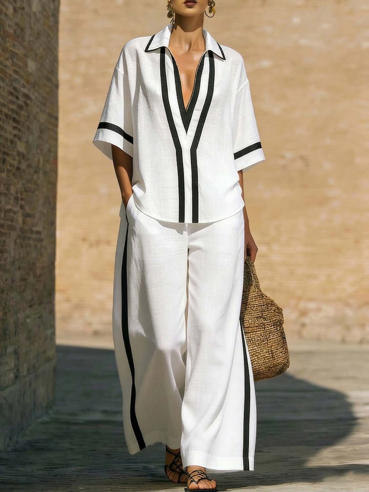 Color-Block Kurzarm-Top und weite Hose Zweiteiler Set - Lässiges Sommer Loose Fit Matching Outfit für Damen Alltag