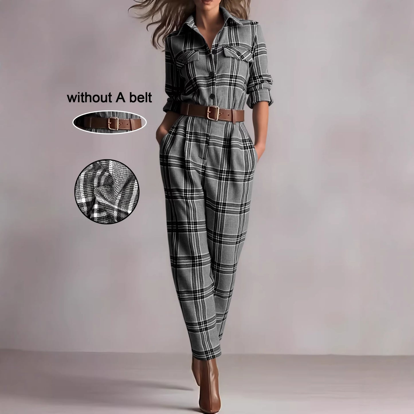 Retro Plaid High-Waisted Jumpsuit And Pockets For Women