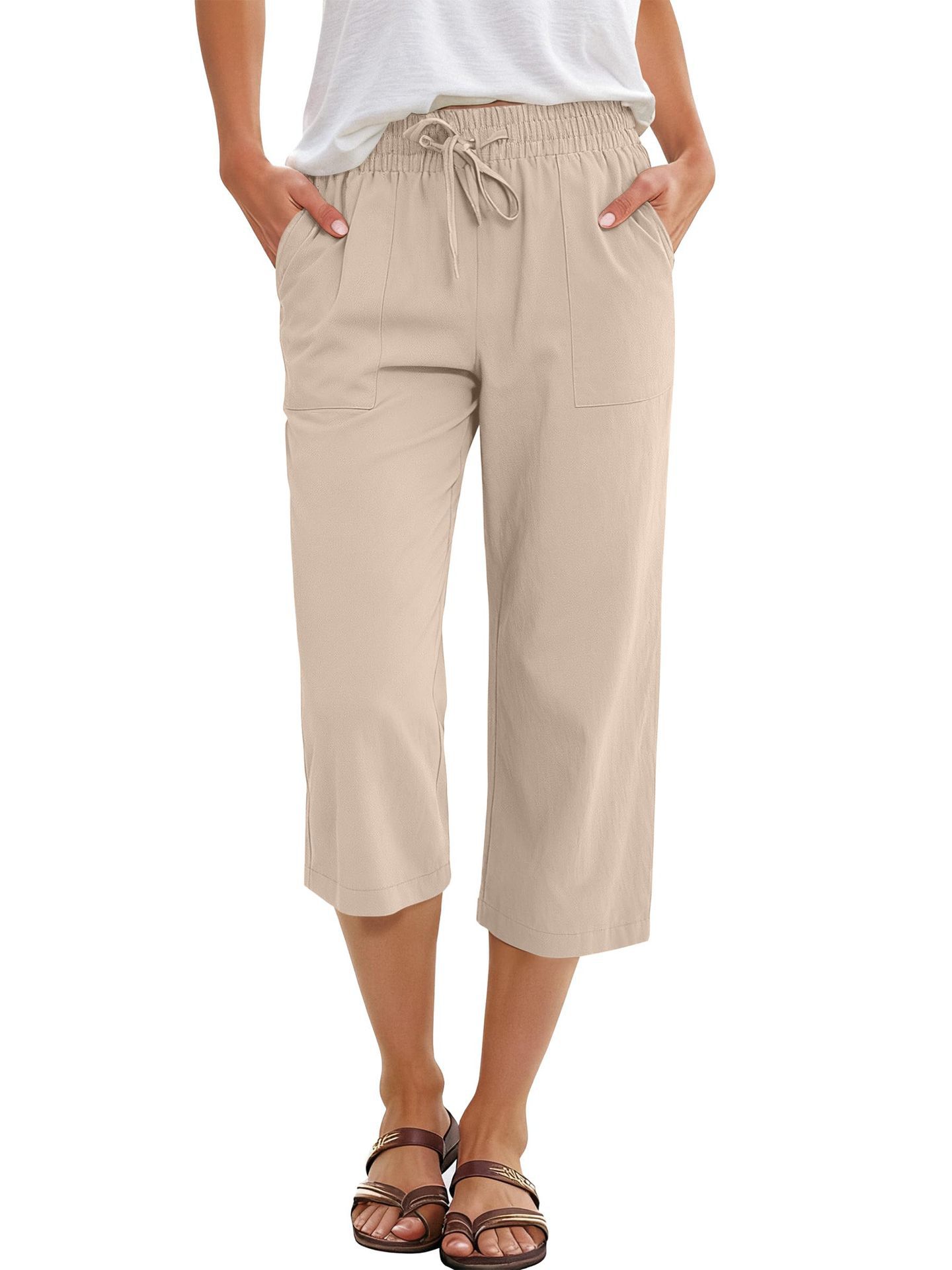 Solid-color Cotton-linen Relaxed-fit Drawstring Wide-leg Casual Pants