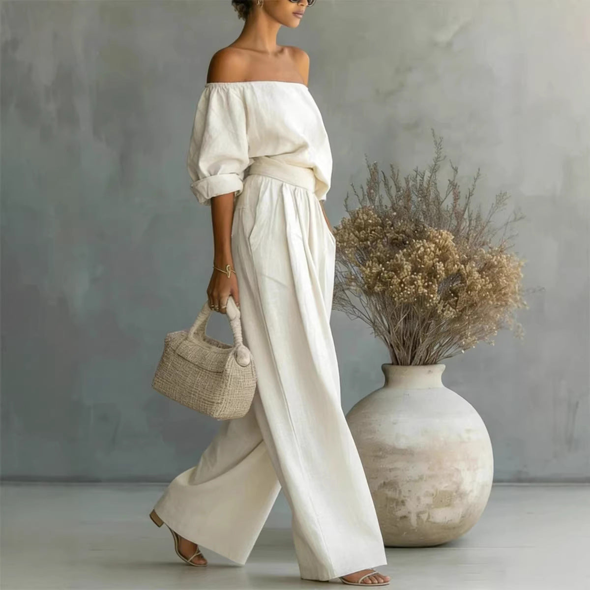 Freizeit Zweiteiler Damen-Outfit Off-Shoulder Top und Weite Hose Set
