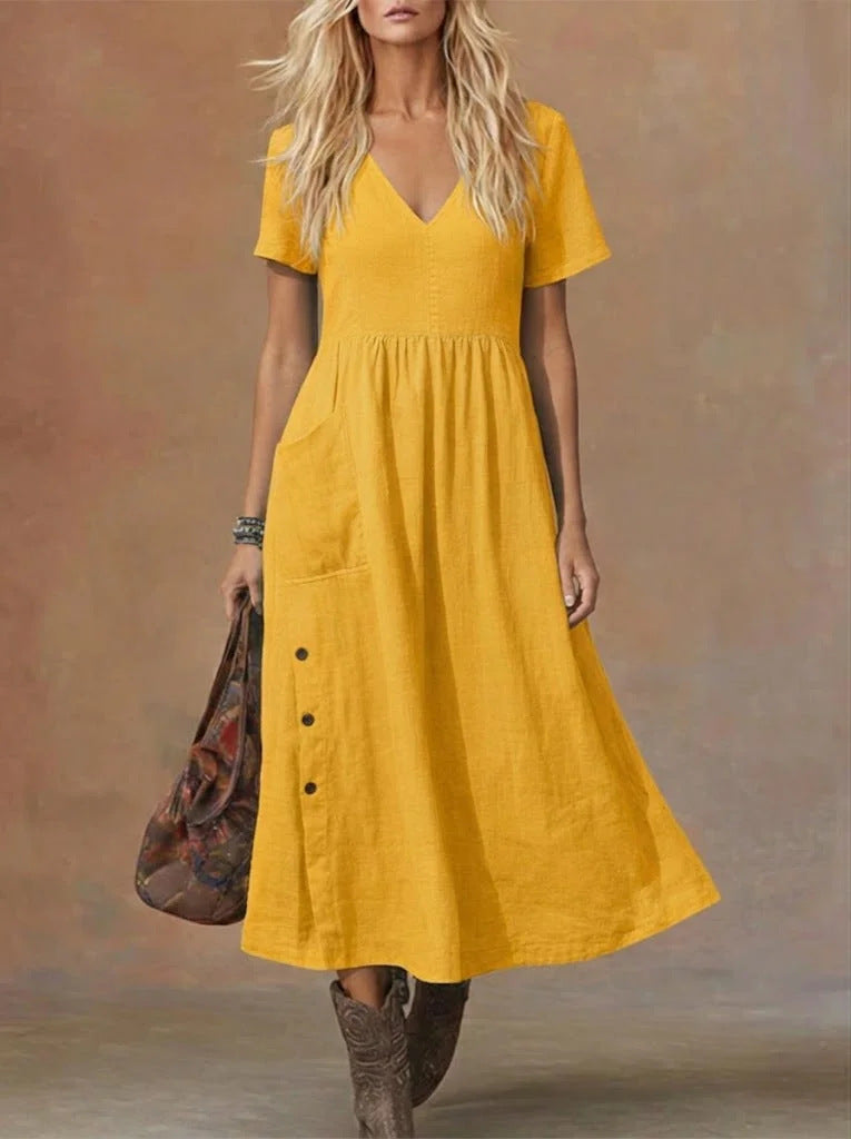Robe ample tendance pour femme, col en V, manches courtes, avec poches