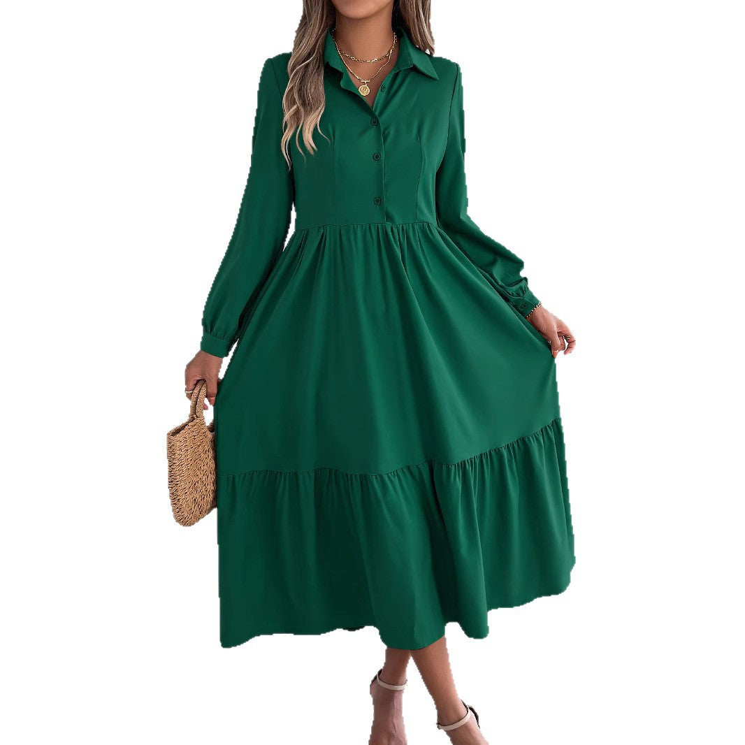 Damen Revers Casual Loose Langarm Rüschen Hemdblusenkleid Langarm Umlegekragen Einreiher Kleid Frühling Herbst Mode Damenbekleidung für den Urlaub