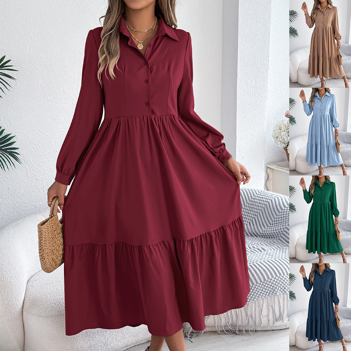 Damen Revers Casual Loose Langarm Rüschen Hemdblusenkleid Langarm Umlegekragen Einreiher Kleid Frühling Herbst Mode Damenbekleidung für den Urlaub