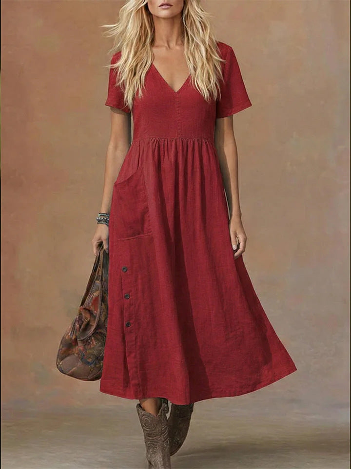 Robe ample tendance pour femme, col en V, manches courtes, avec poches