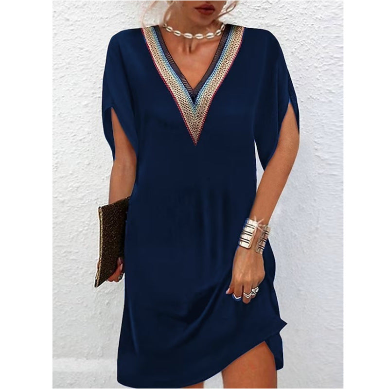 Modisches Temperament Ausschnitt Farbe Spitze Kleid