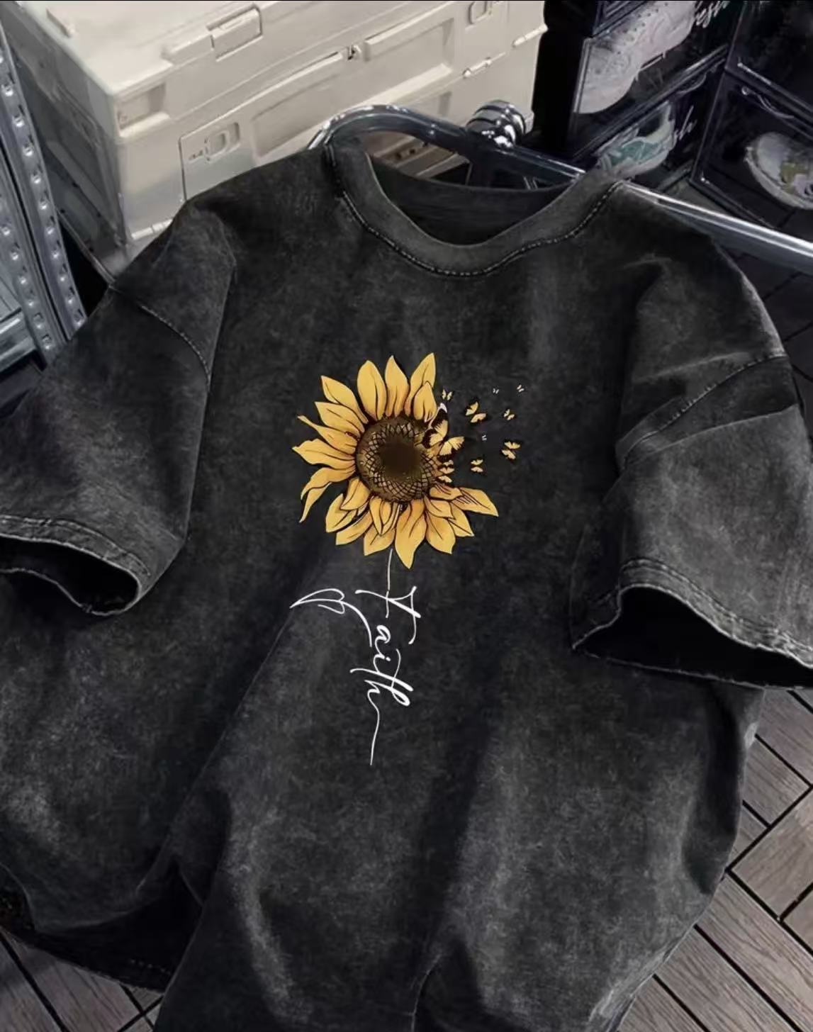Sunflower Butterfly Cotton Washed T-Shirt For Women
