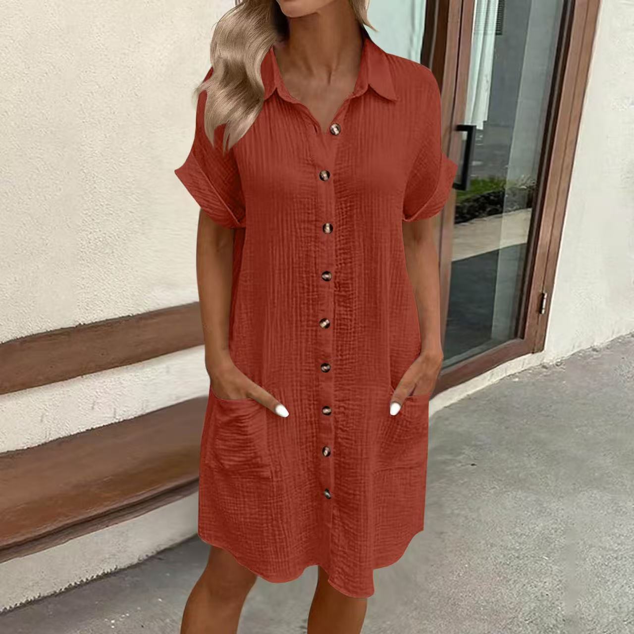 Casual Solid-Color Mid-Length Short-Sleeve Dress